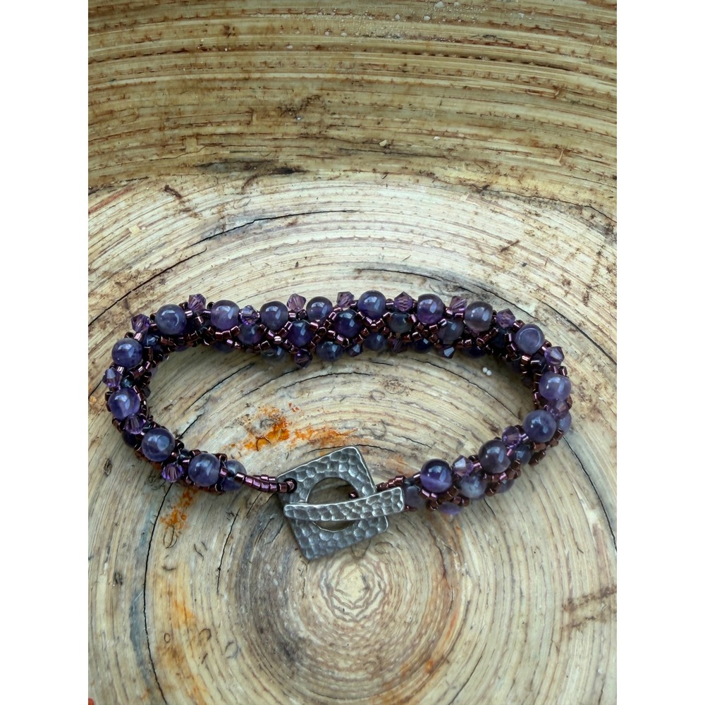 Intricate Purple Amethyst Crystal Beaded Spiral Bracelet Silver Clasp